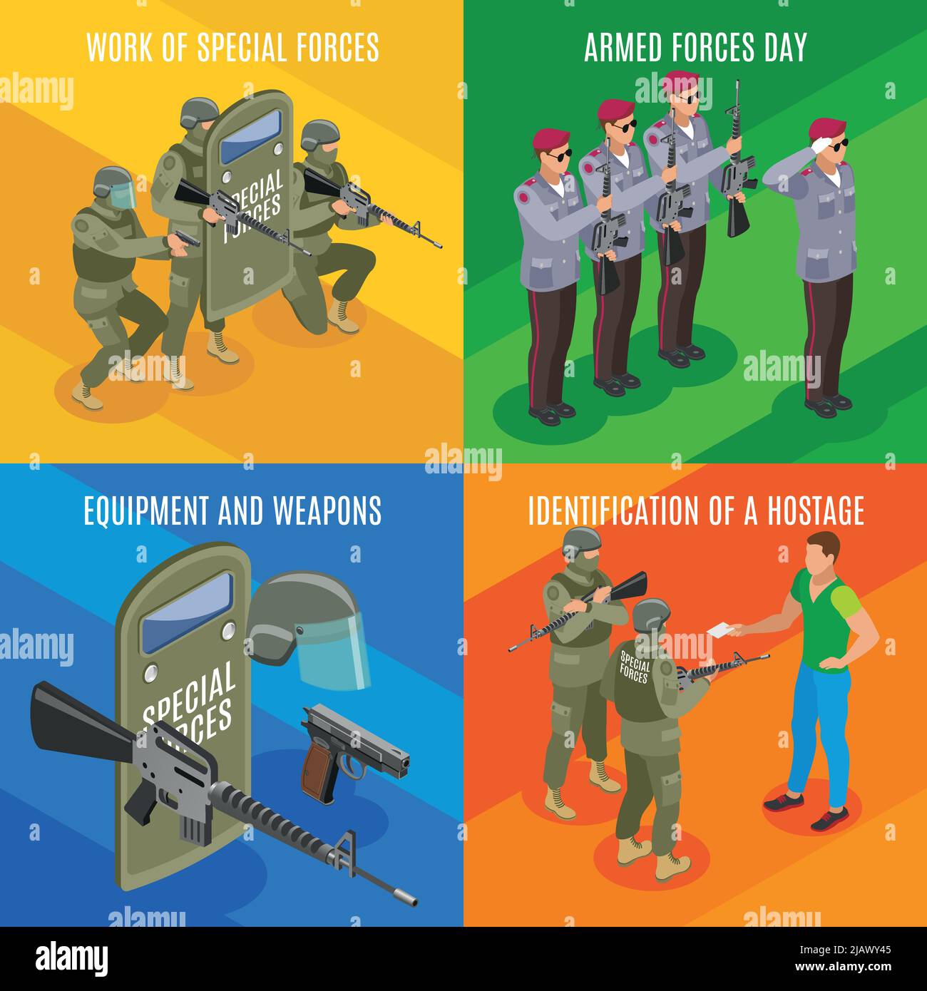 Forces spéciales militaires concept isométrique avec des armes de vacances professionnelles et l'équipement identification d'otage illustration vectorielle isolée Illustration de Vecteur