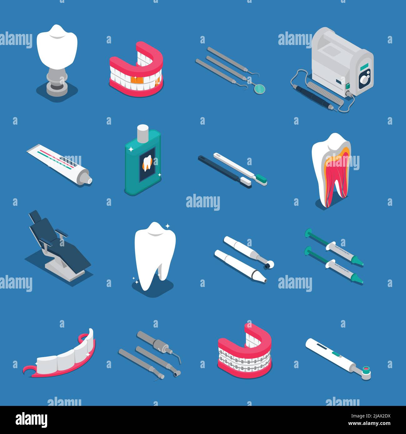 Stomatology icônes isométriques colorées isolées sur fond bleu avec des prothèses dentaires et des outils pour l'illustration de vecteur de soins dentaires Illustration de Vecteur