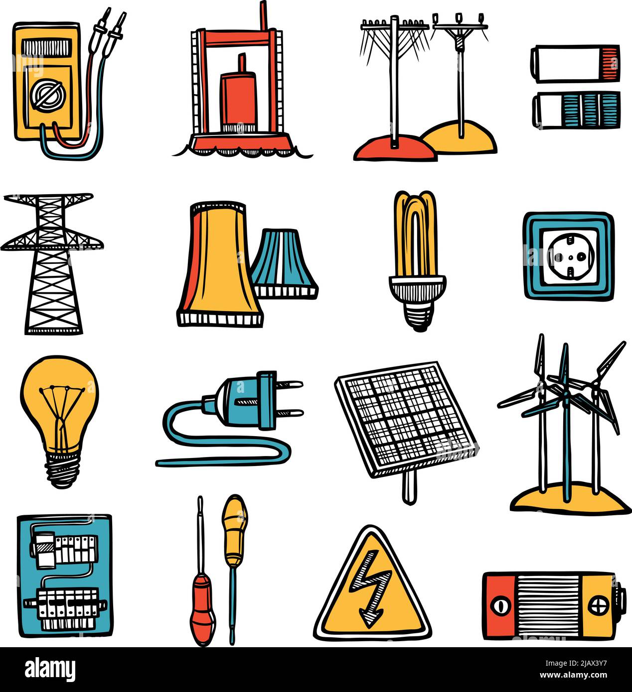 Énergie électrique et appareils électriques outils et symbole plat couleur Doodle icône ensemble isolé illustration vectorielle Illustration de Vecteur