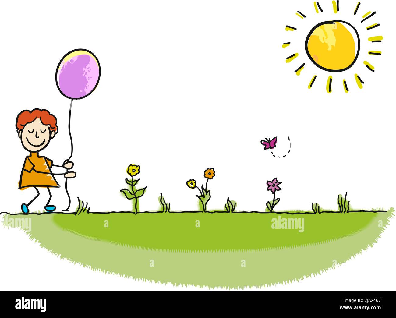 Enfant sur Meadow avec ballon. Dessin réel à la main. Signe vectoriel coloré. Illustration de Vecteur