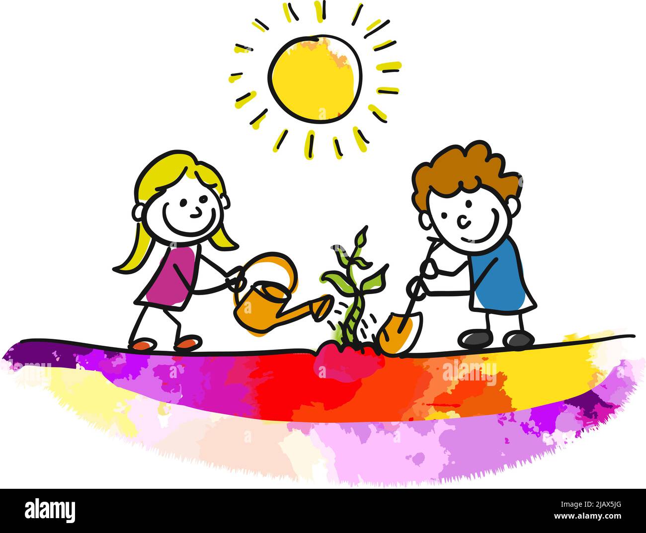 Enfants dans le jardin. Dessin réel à la main. Signe vectoriel coloré. Illustration de Vecteur