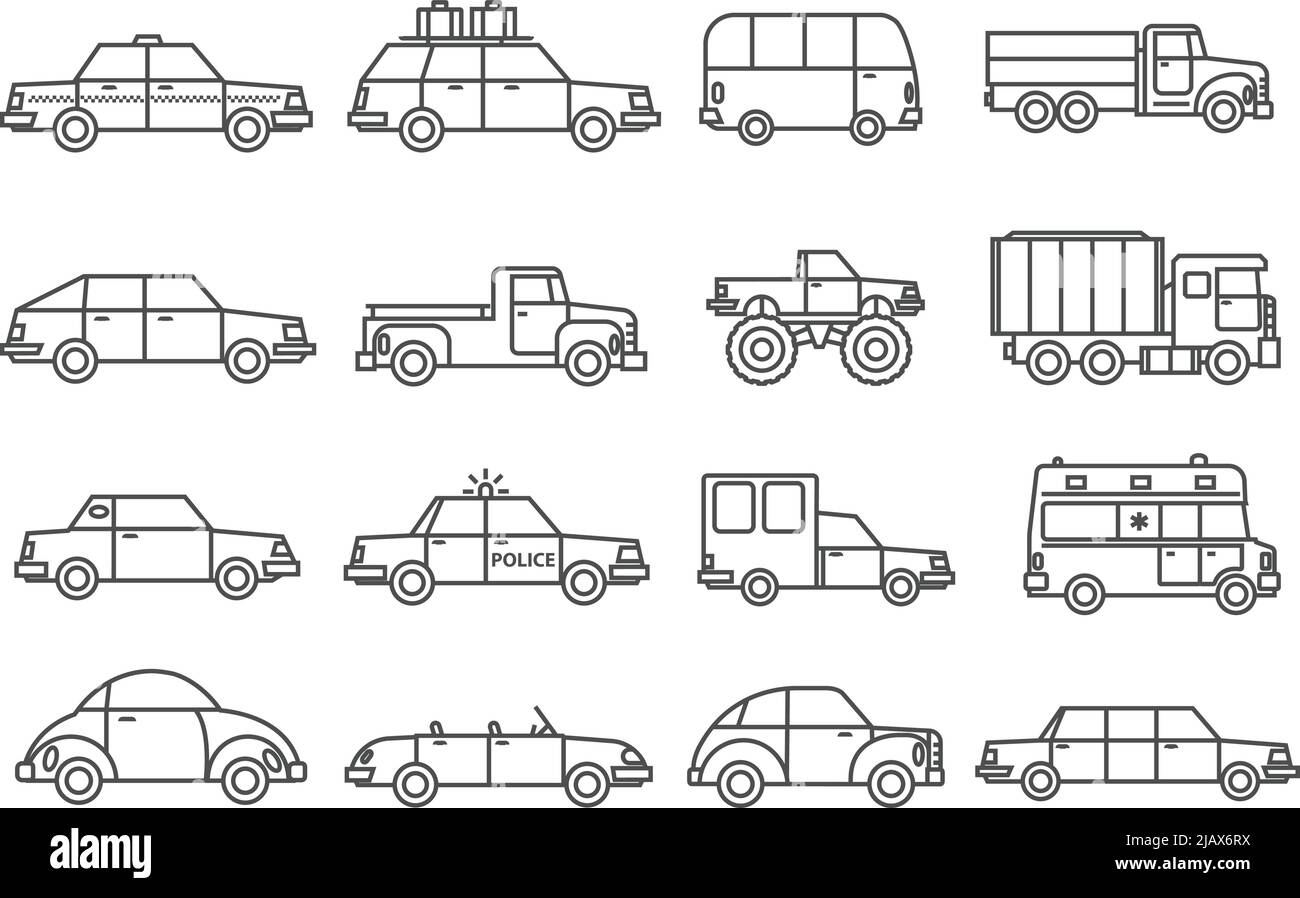 Les icônes noires blanches de la ligne de voitures avec l'illustration vectorielle isolée plate de la famille et des voitures de service Illustration de Vecteur