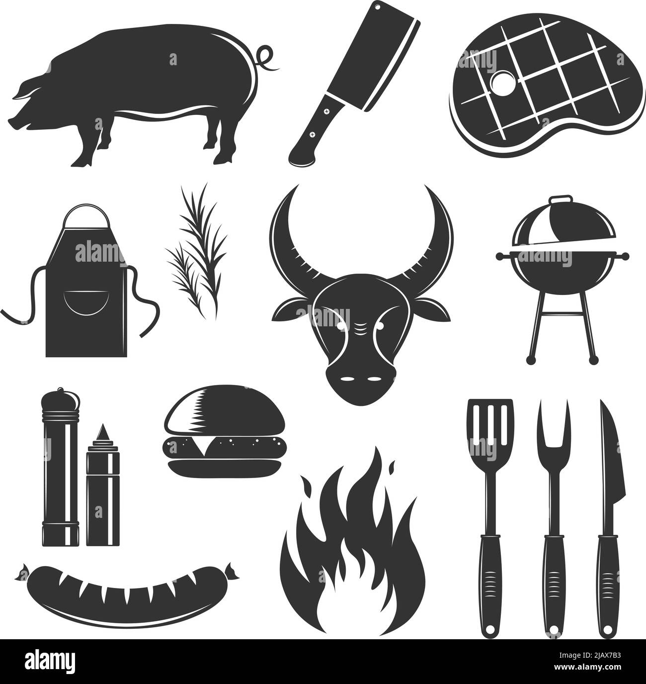 Collection d'éléments millésimés Steakhouse avec des images monochromes de la silhouette isolée des produits de viande épices sauces et illustration vectorielle des couverts Illustration de Vecteur