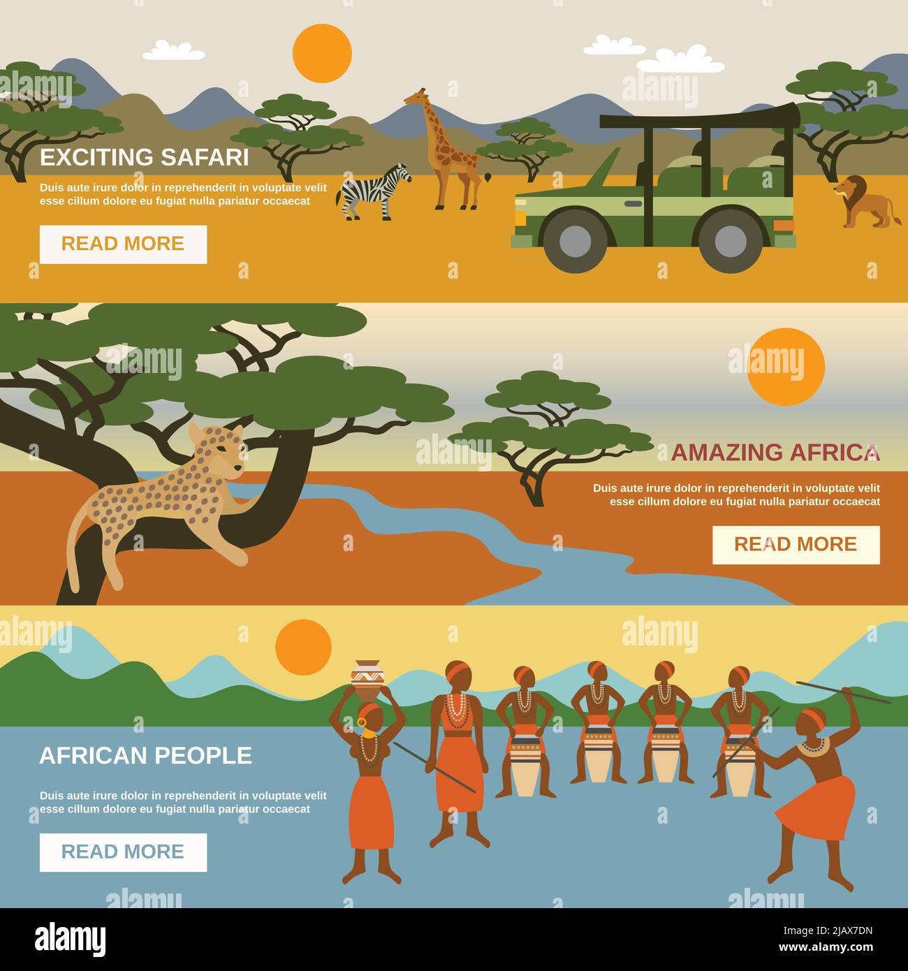 Banderoles horizontales en Afrique avec symboles de peuple africain illustration vectorielle isolée plate Illustration de Vecteur