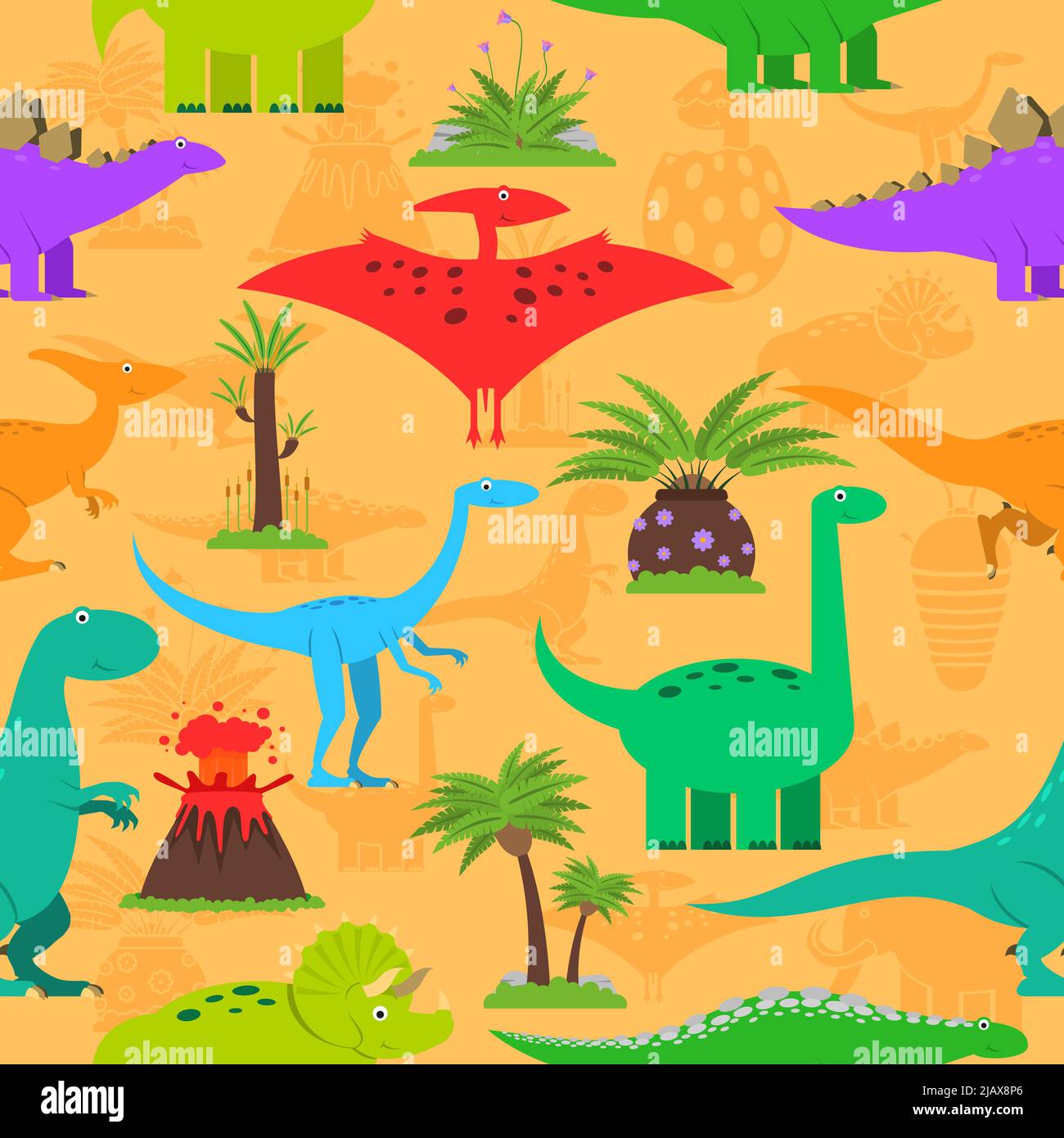 Dinosaures préhistoriques plantes et éruption volcanique schéma sans couture illustration vectorielle Illustration de Vecteur