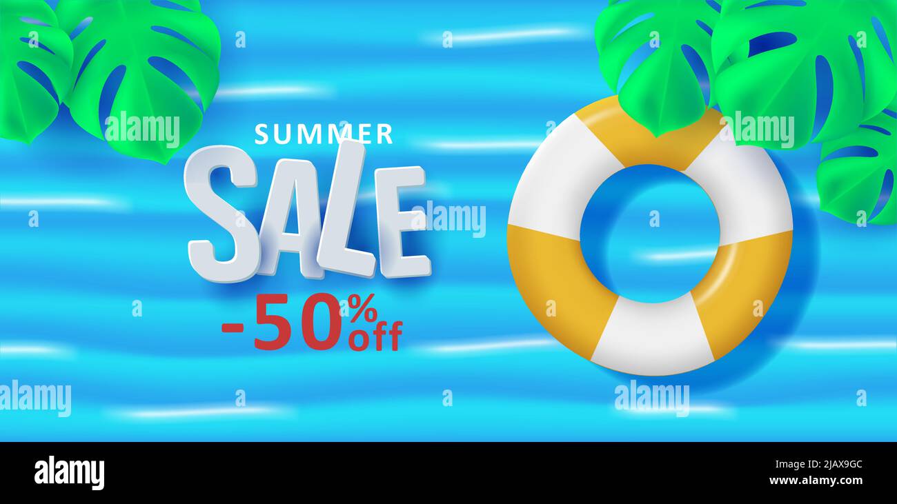 Affiche de soldes d'été avec 50 % de réduction et vue sur la mer avec des feuilles de palmier et un cercle de natation. Illustration vectorielle Illustration de Vecteur