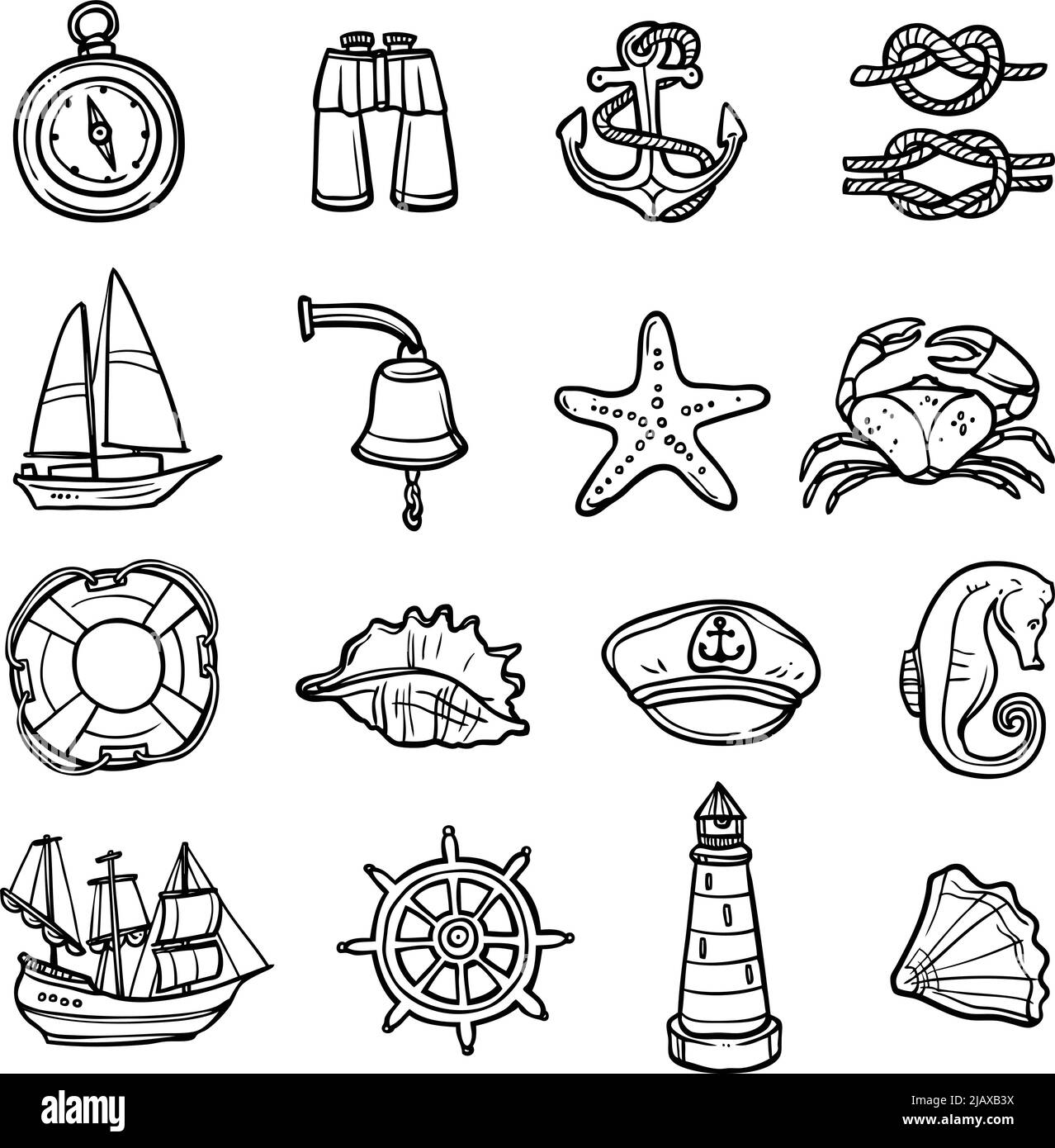 Icônes noir nautique blanc avec boussole d'ancrage et illustration vectorielle isolée plate de coquillages Illustration de Vecteur