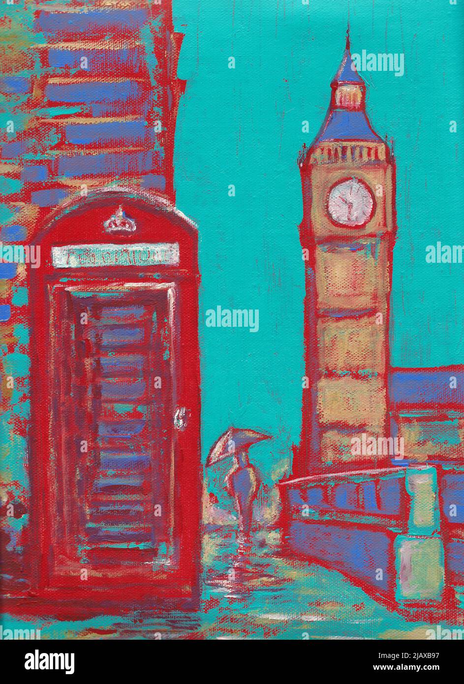 Big Ben et téléphone à Londres, Angleterre peinture d'art Banque D'Images