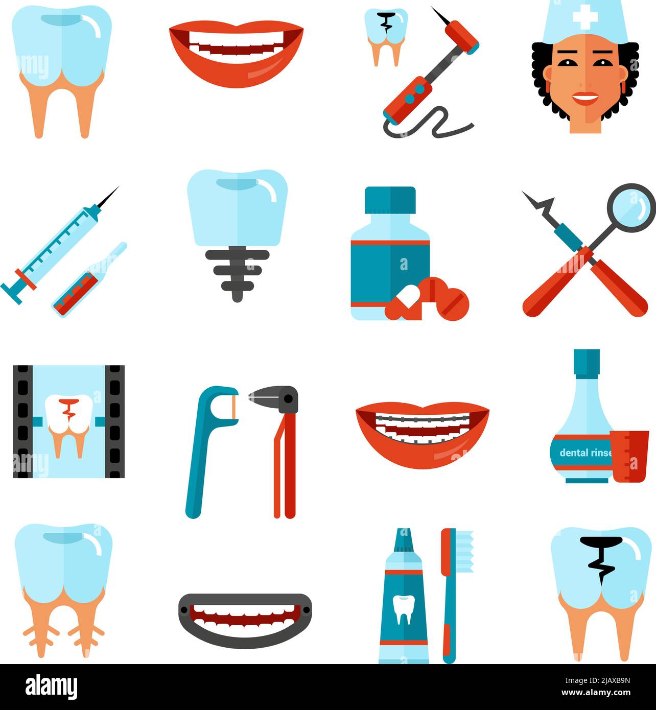 Soins dentaires plat icônes décoratives ensemble avec les outils stomatologist produits de soins dentaires et les symboles de sourire blanc illustration vectorielle isolée Illustration de Vecteur
