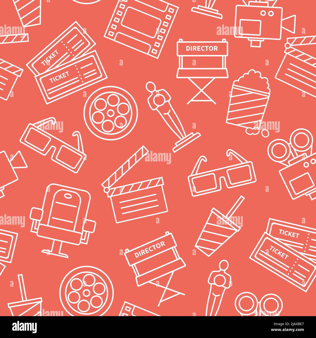 Icônes de cinéma ligne blanche sur fond rouge motif décoratif avec billets pop-corn illustration vectorielle plate Illustration de Vecteur