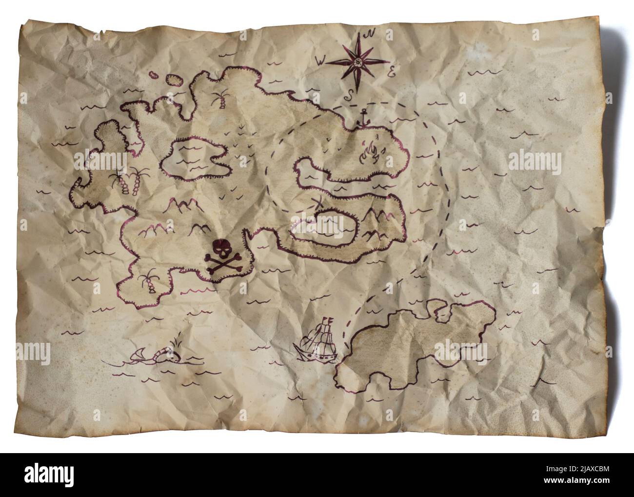 Ancienne carte du Trésor. Carte des pirates en ruines sur fond blanc. Banque D'Images