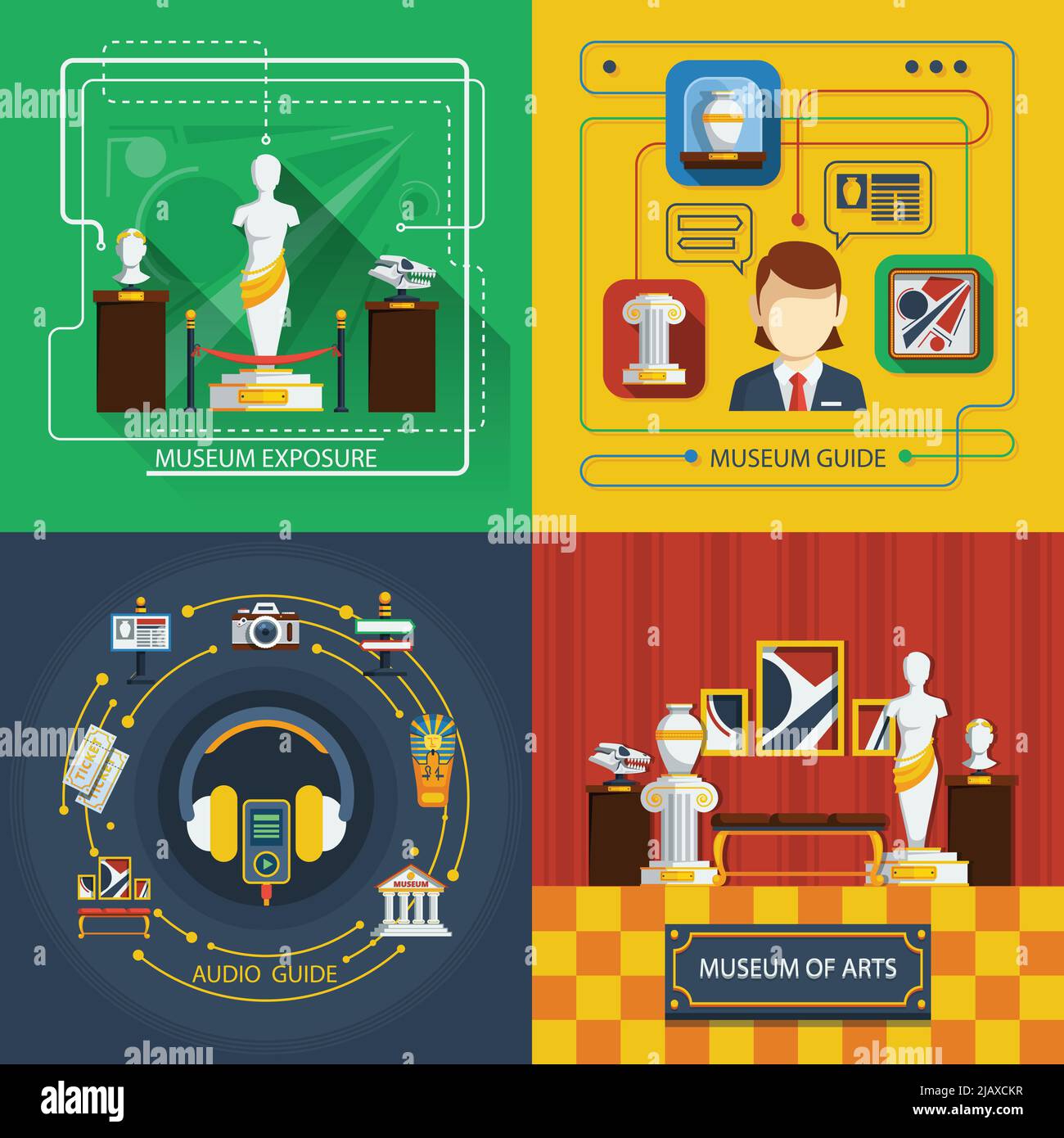 Composition d'icônes de musée avec différents aspects de la vie de musée dans l'illustration vectorielle de style infographie Illustration de Vecteur