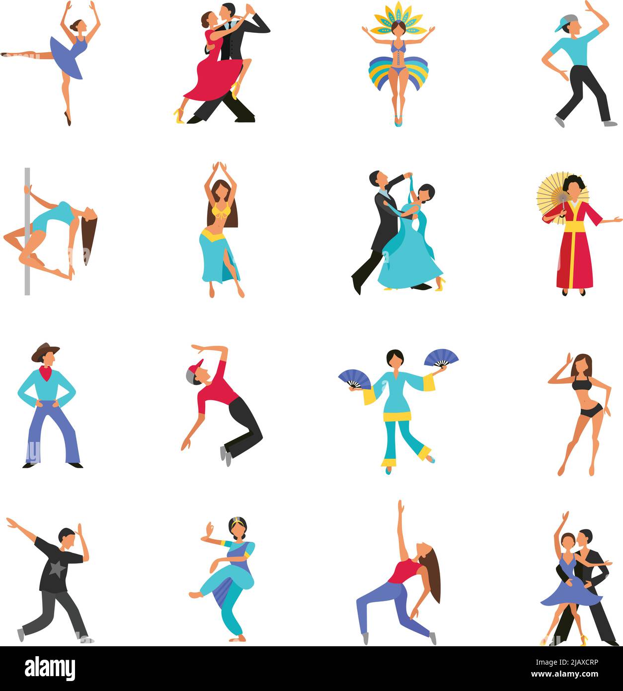Ensemble d'icônes plates de couleur avec illustration vectorielle de personnage dansant Illustration de Vecteur
