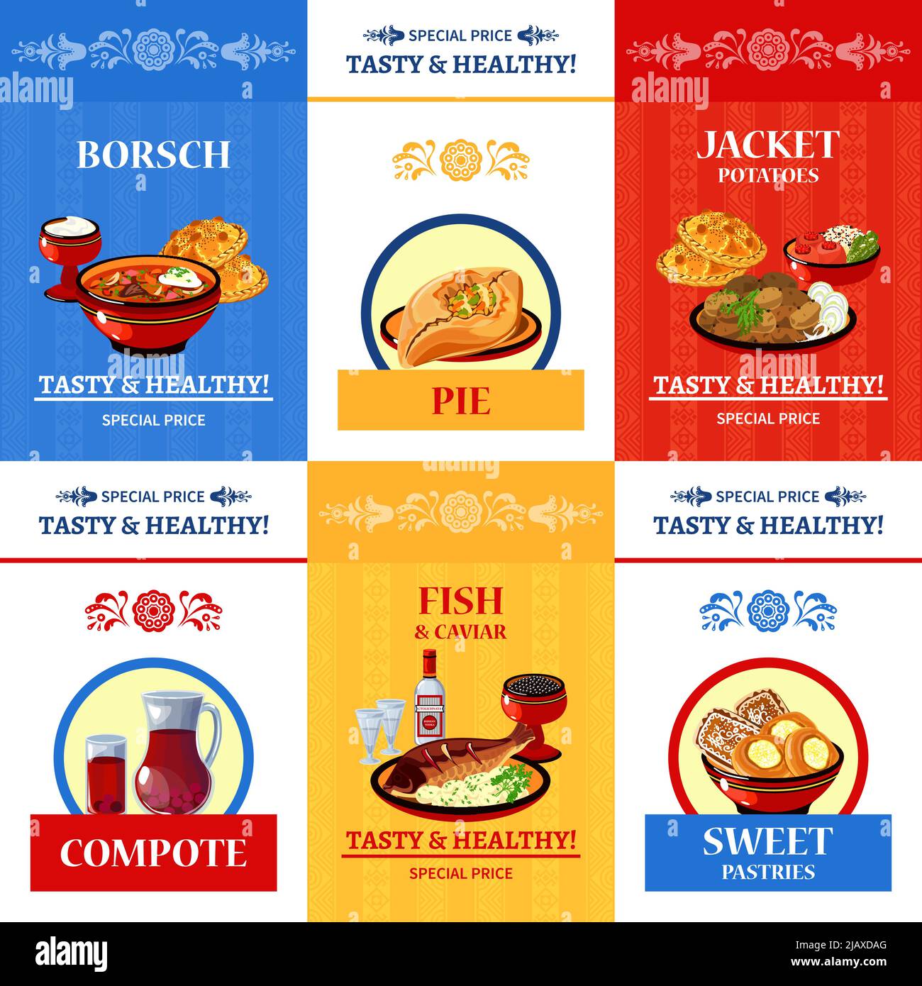 Cuisine russe offre spéciale icônes plates affiche de composition avec poisson et caviar plat principal résumé illustration vectorielle isolée Illustration de Vecteur