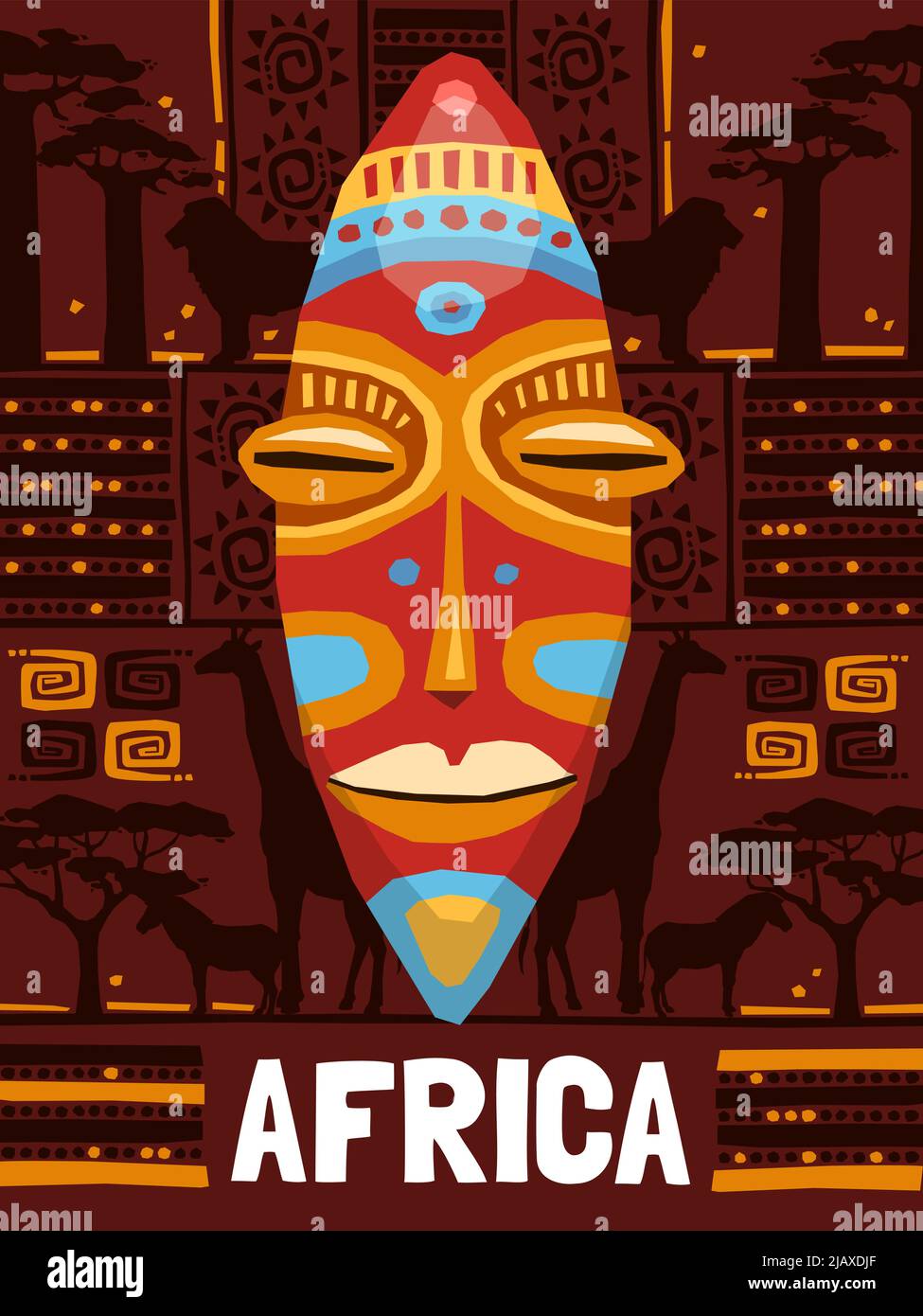 Modèle de masque ethnique tribal coloré sur fond africain avec illustrations vectorielles isolées d'animaux Illustration de Vecteur