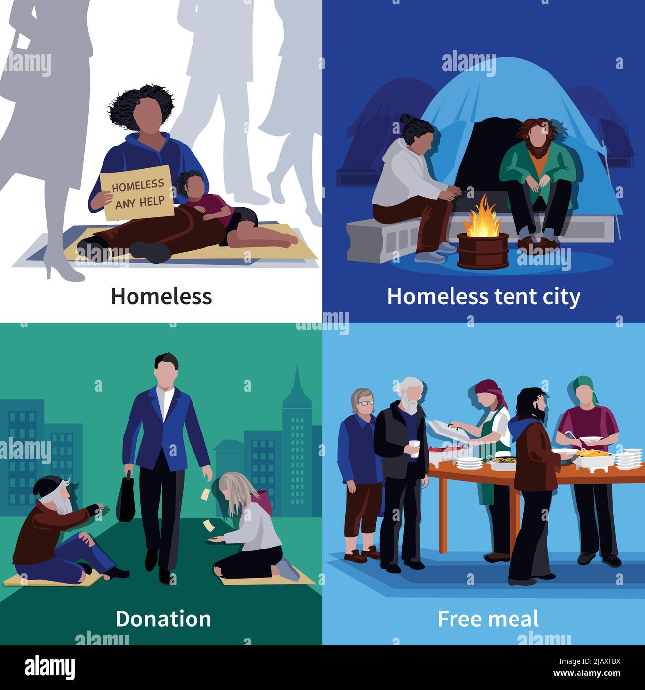 Homeless People 2x2 design concept avec mendiant affamé assis sur le trottoir homme faisant don repas gratuit illustration vectorielle plate Illustration de Vecteur