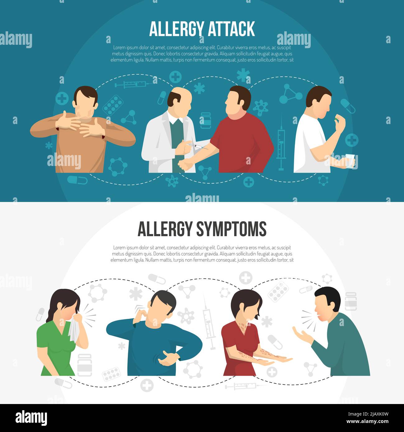 Deux bannières horizontales colorées pour les allergies avec une attaque d'allergie et des descriptions de symptômes d'allergie illustration vectorielle Illustration de Vecteur