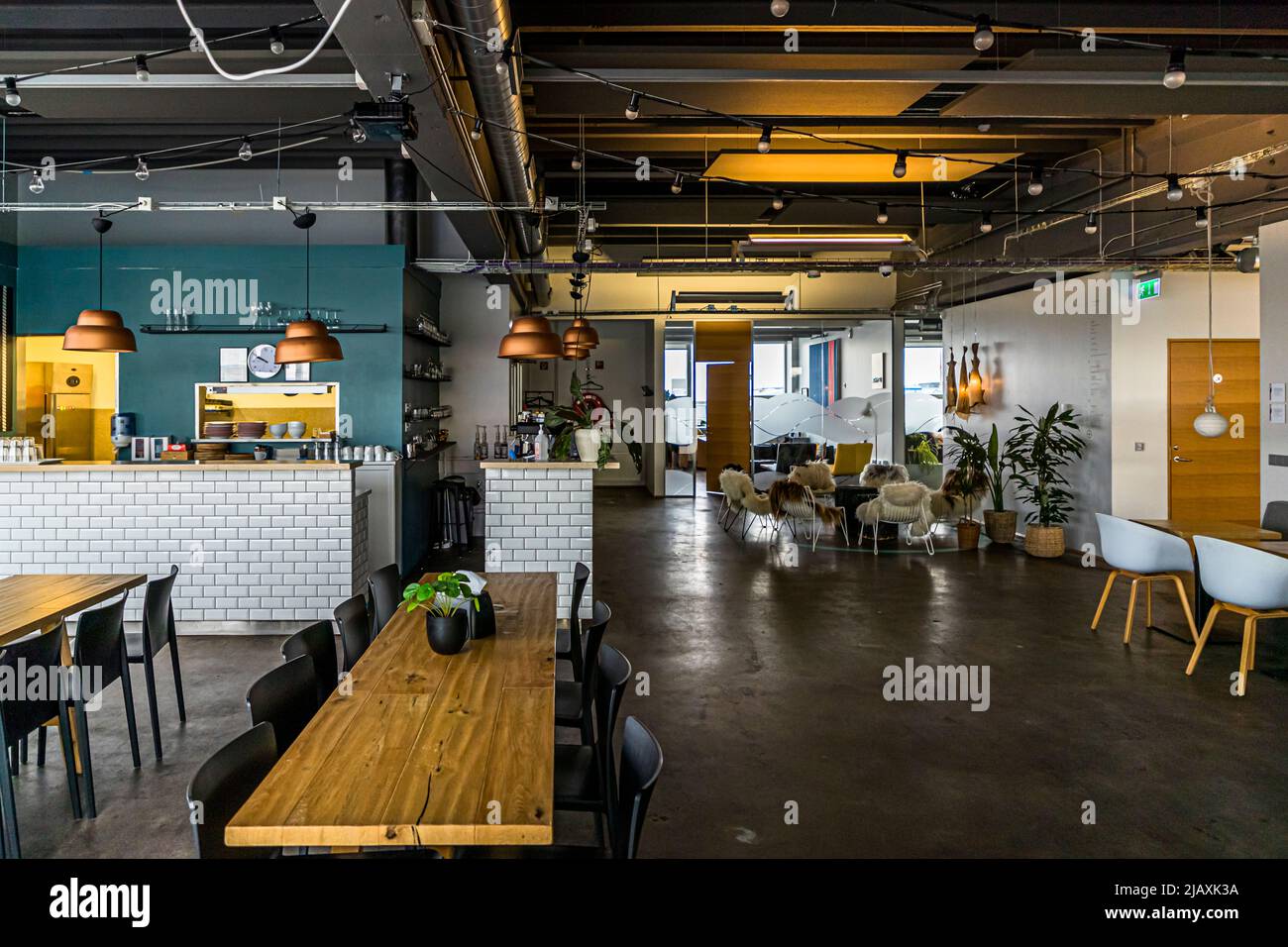 Une zone de cuisine ouverte avec un comptoir aux carreaux blancs et des lampes suspendues en cuivre forme l'espace commun pour les startups de l'industrie océanique basées à l'Ocean Cluster House (Sjávarklasinn) dans le quartier du port de Grandi à Reykjavik, Islande. En arrière-plan, des chaises recouvertes de peau de mouton sont disposées autour d'une table en souche d'arbre. Banque D'Images