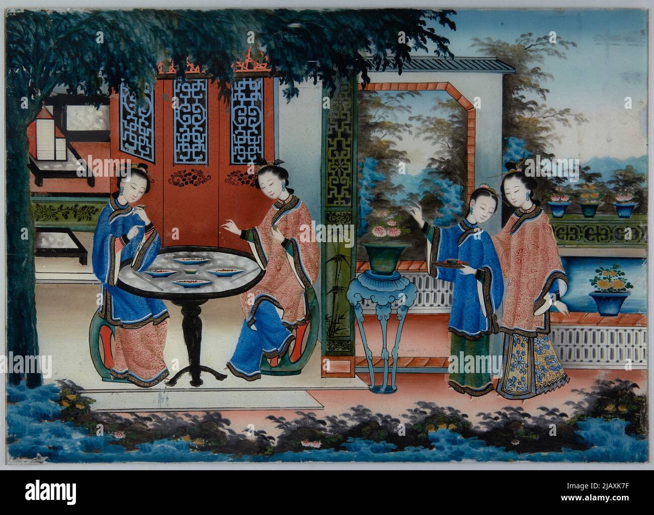 Peinture sur verre quatre dames sur le porche du palais inconnu Banque D'Images