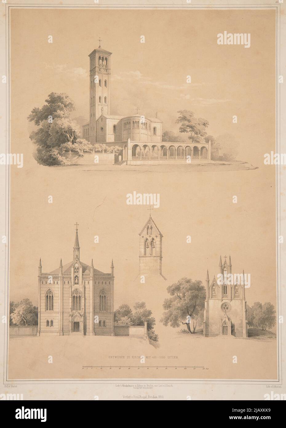 Dessins (vues) de trois églises, pour 400 à 1000 places (selon l'album de vues d'architecture ou un modèle de Friedrich August Stüler (1800 1865). Mutzel, Stüler, Friedrich August (1800 1865), éditeur de Winckelmann and Sons (Berlin), Riegel, F. Banque D'Images