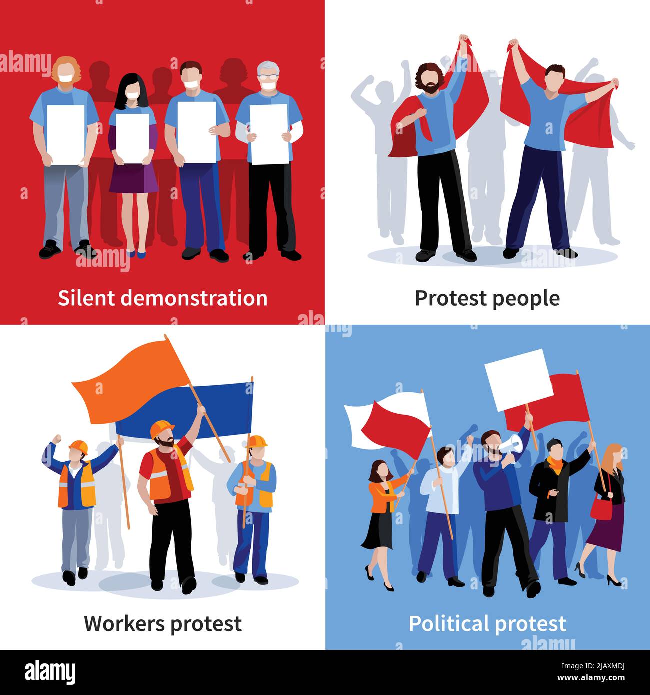 Des manifestants silencieux et des manifestants politiques avec des pancartes mégaphones et des drapeaux 2x2 icônes donnent une illustration vectorielle isolée et plate Illustration de Vecteur