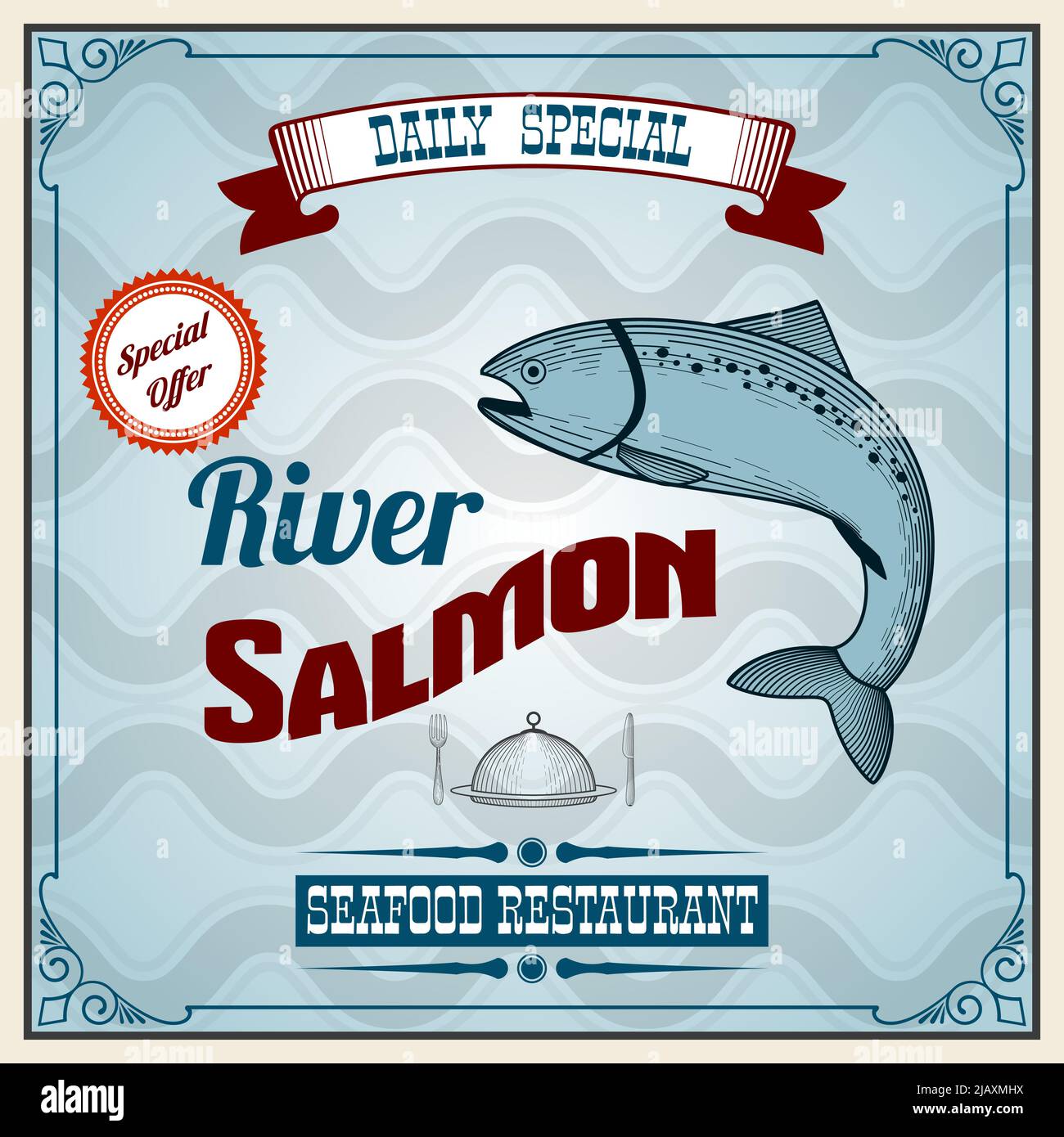 Affiche rétro du restaurant de fruits de mer avec illustration vectorielle de saumon de rivière Illustration de Vecteur