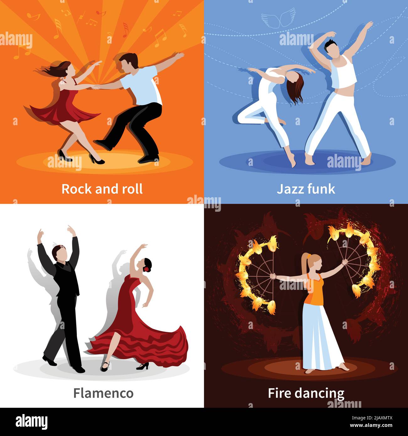 Exécution de différents styles de danse personnes 2x2 icônes plates ensemble isolé illustration vectorielle Illustration de Vecteur