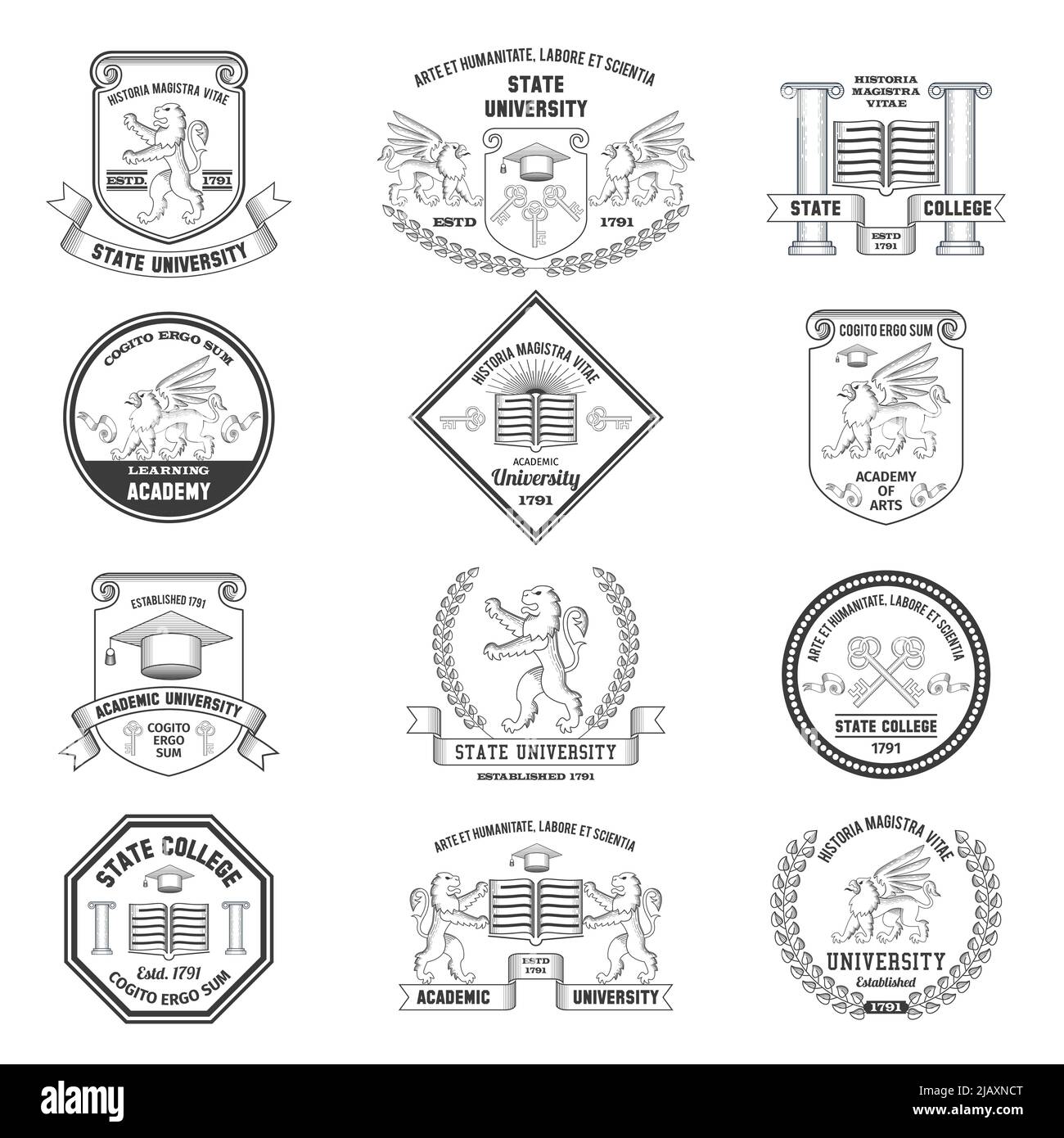 L'université étiquettes crestes Shilds et insignes ensemble avec le lion griffin et le chapeau de remise de diplôme symboles d'éducation illustration vectorielle isolée Illustration de Vecteur