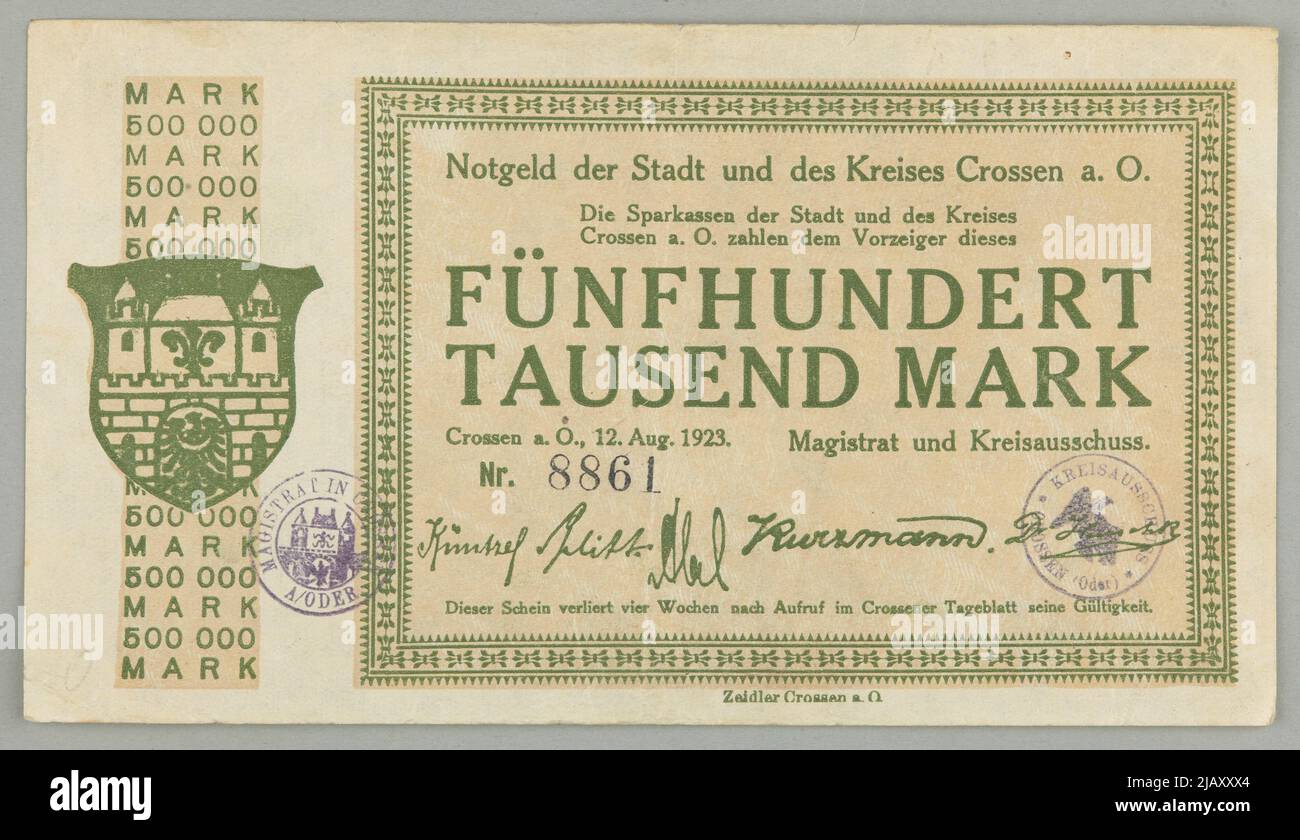 Bon de remplacement au 500 000 Mark, magistrat, Crossen A/Oder (Krosno Odrzańskie), 12.08.1923 Zeidler Crossen a. O. Banque D'Images