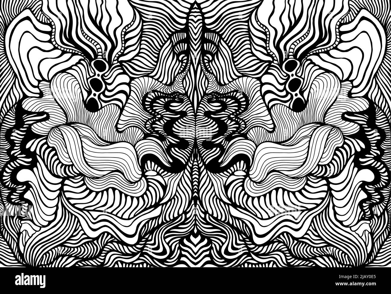 Kaleidoscope page de coloriage avec beaucoup de formes ondulantes. Arrière-plan abstrait et créatif de mandala noir et blanc. Texture psychédélique élégante. Illustration de Vecteur