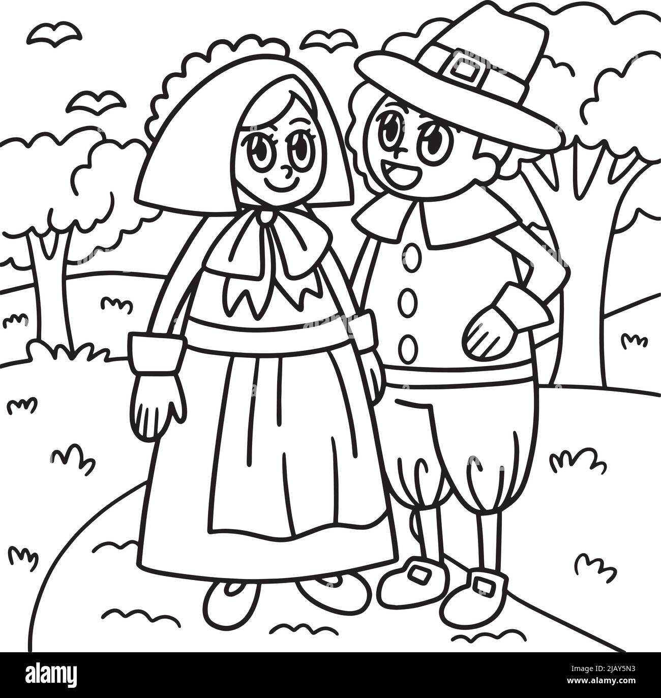 Page de coloriage pour les enfants de Thanksgiving Pilgrim couple Illustration de Vecteur