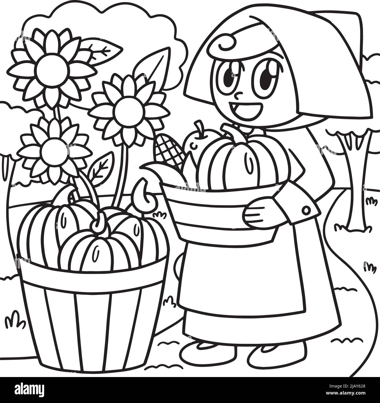 Page de coloriage pour fille de Pilgrim de Thanksgiving pour enfants Illustration de Vecteur