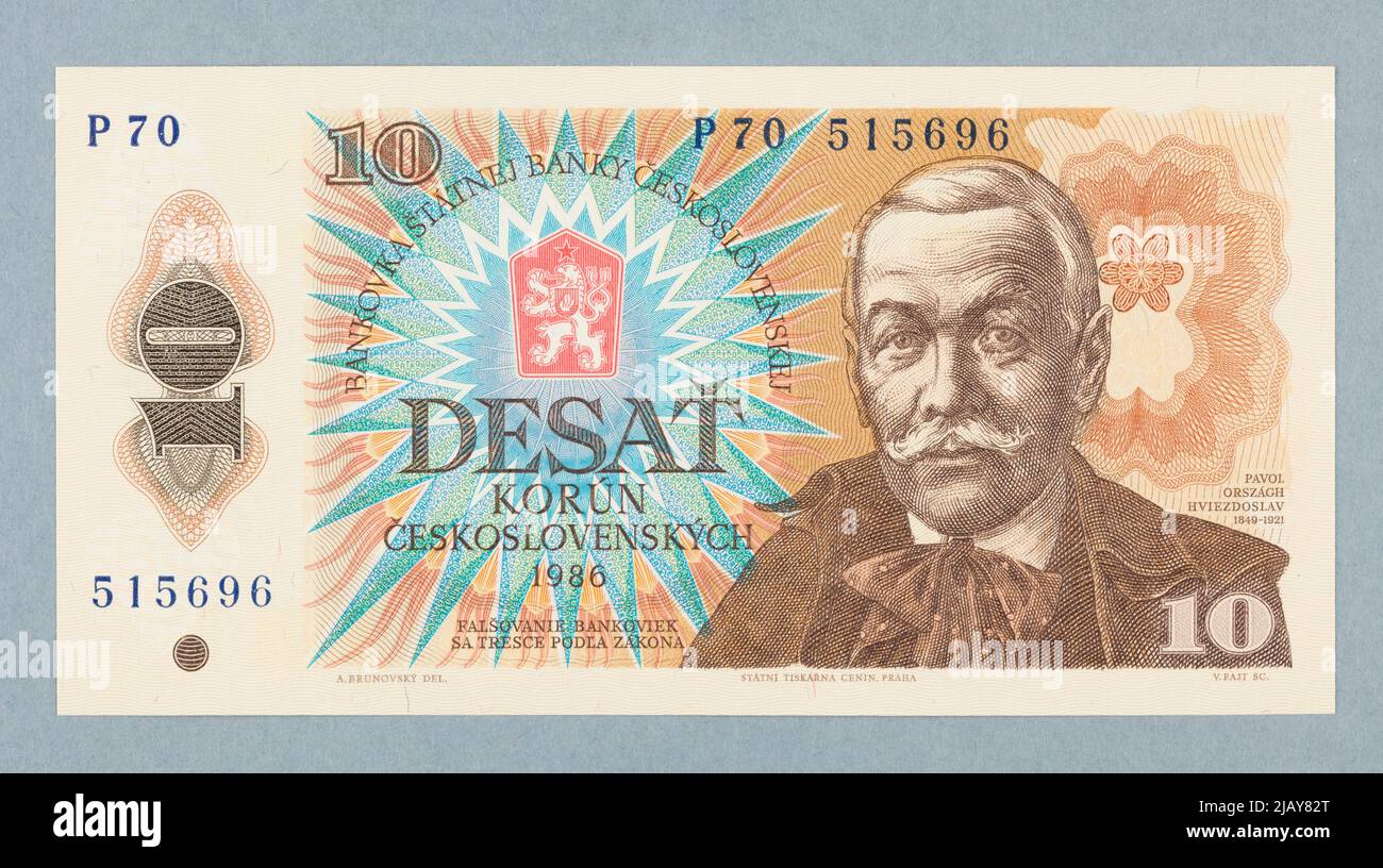 Billet de 10 couronnes, Banque d'Etat Tchécoslovaquie, Tchécoslovaquie, 1986 ans Statni Print Karna, Prague, Šneider, Bohumil (1936), Brunovský, Albin (1935 1997), Fajt, Václav (1952 ) Banque D'Images