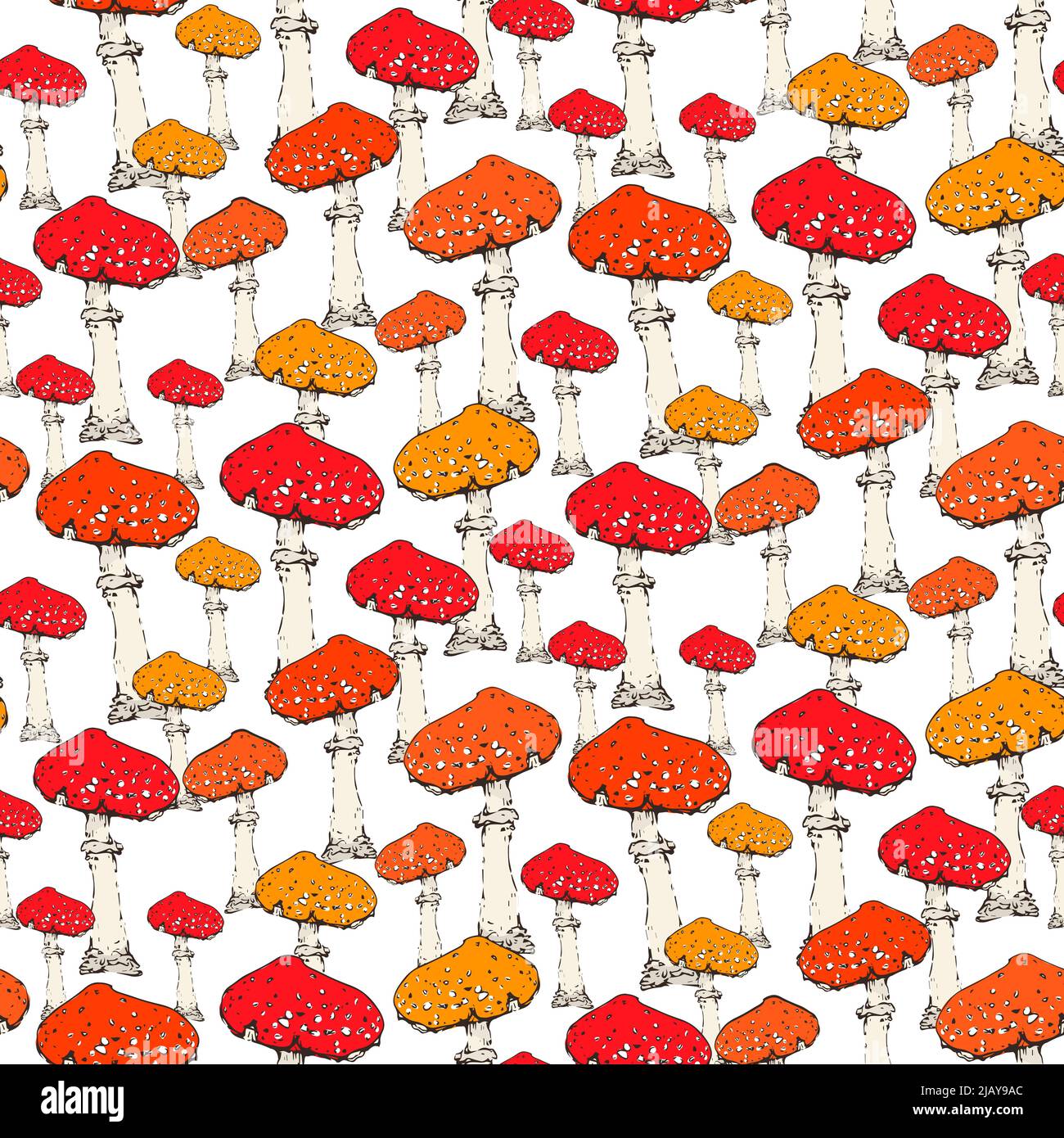 Forêt de champignons amanita. Motif fluide de mouche rouge dessinée à la main agaric sur fond blanc. Conception botanique pour textile, papier peint, site web, packagin Illustration de Vecteur