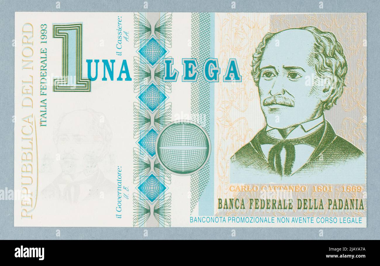 Billet promotionnel sur 1 Lega, Federal Bank of Partanie, Italie, North League, 1993 Ravaioli, C. Banque D'Images