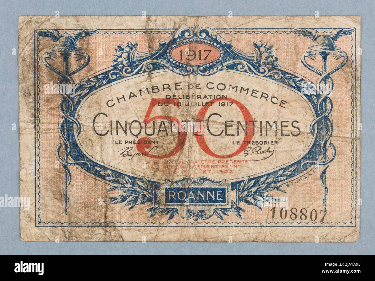 Billet de banque à 50 cents, Chambre de commerce de Roanne, France, 18.07.1917 W.D. 18.07.1922 Coquard, J., M. de Meyere Banque D'Images