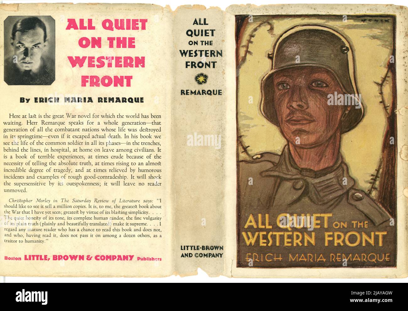 Couverture de livre originale en lambeaux de All /Dust Jacket - intitulé All Quiet on the Western Front par Eric Maria Remarque, illustré par la conception de la veste mettant en vedette un soldat allemand par Paul Wenck. Troupes allemandes. Cette édition américaine a été publiée en 1929 Banque D'Images