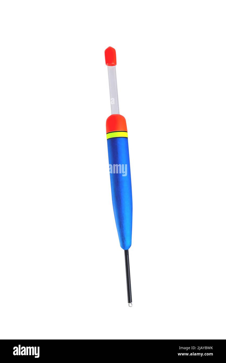 Long bateau de pêche cylindrique pour la pêche avec une canne à pêche avec antenne transparente pour le feu sur un fond blanc gros plan Banque D'Images