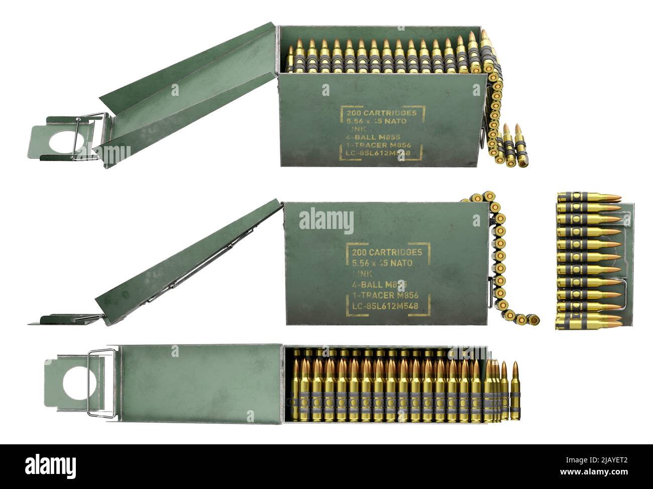 3d faire l'illustration d'une boîte de munitions de fusil ouverte isolée sur blanc. Calliber OTAN. Vues différentes. Banque D'Images