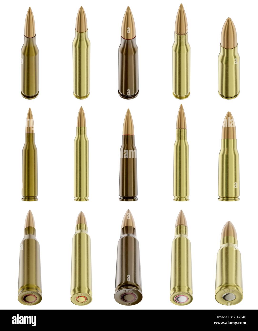 3d faire l'illustration d'une variété de munitions de fusil isolées sur fond blanc. Différents calliber. Vues différentes Banque D'Images