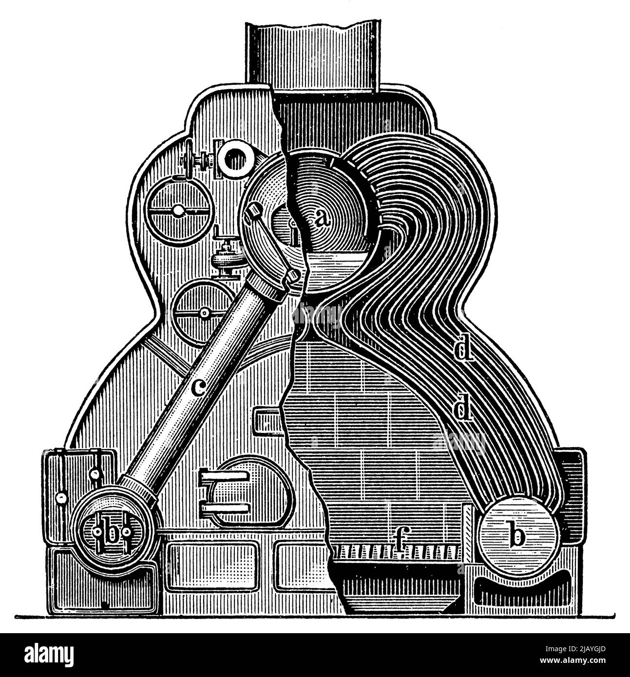 Chaudière à tube d'eau (chaudière Thornycroft), vue en coupe. Publication du livre 'Meyers Konversations-Lexikon', Volume 2, Leipzig, Allemagne, 1910 Banque D'Images