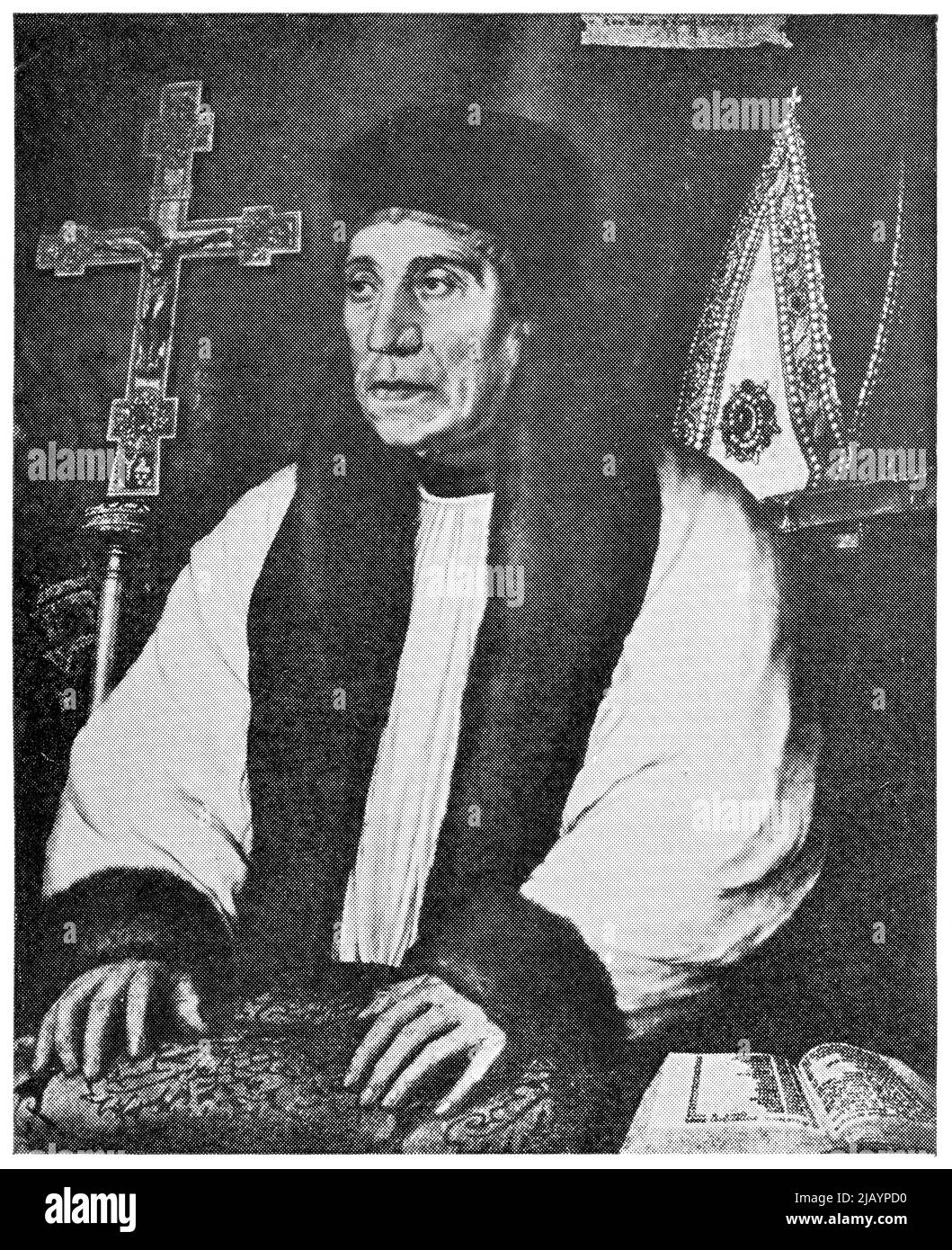 Portrait de William Warham, archevêque de Canterbury par un peintre germano-suisse Hans Holbein le jeune. Publication du livre 'Meyers Konversations-Lexikon', Volume 2, Leipzig, Allemagne, 1910 Banque D'Images