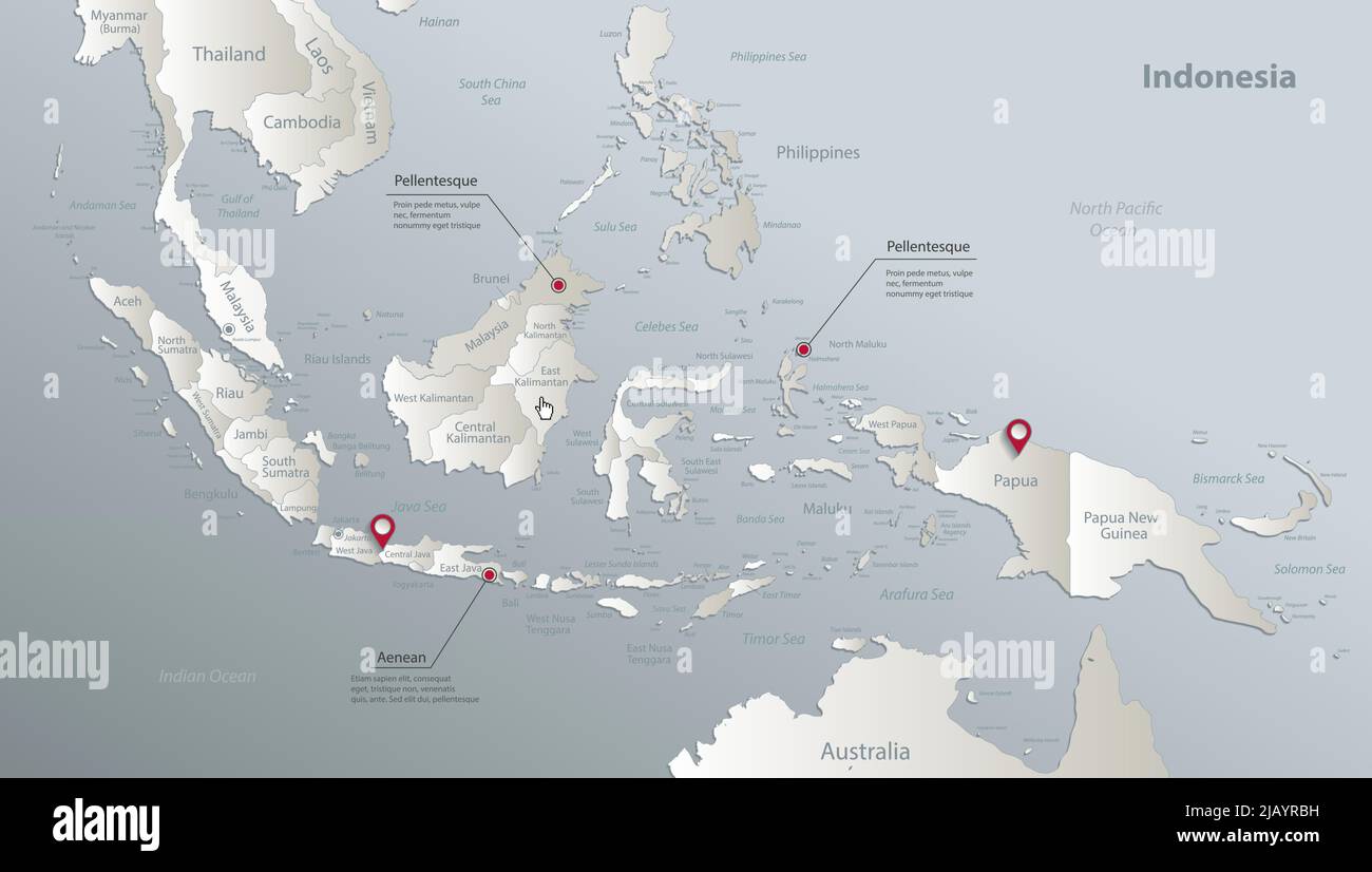 Carte de l'Indonésie, division administrative, sépare les régions et les noms, carte bleue blanche 3D vecteur Illustration de Vecteur