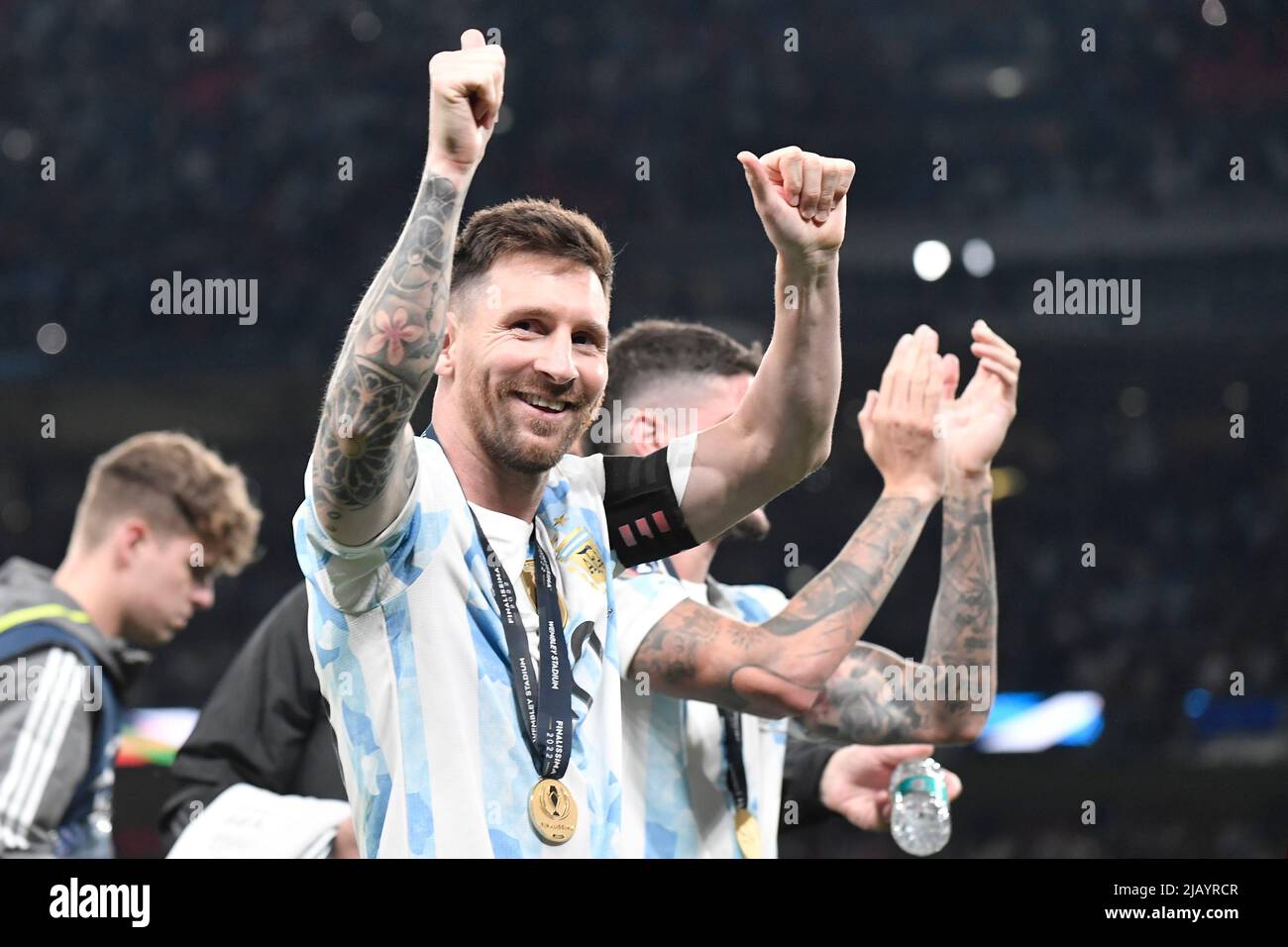 Londres, France. 01st juin 2022. Lionel Messi, de l'Argentine, et ses copains célèbrent à la fin du match de football 2022 du trophée Finalissima entre l'Italie et l'Argentine au stade Wembley à Londres, en Angleterre, au 1 juin 2022. Photo Andrea Staccioli/Insidefoto crédit: Insidefoto srl/Alamy Live News Banque D'Images