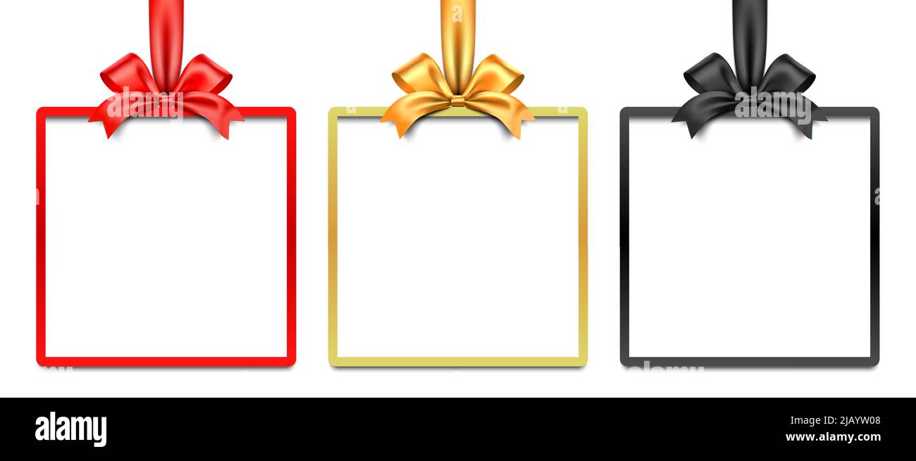 Cadre vectoriel de boîte-cadeau rouge, doré et noir avec noeud et ruban, isolé sur fond blanc. Illustration de Vecteur