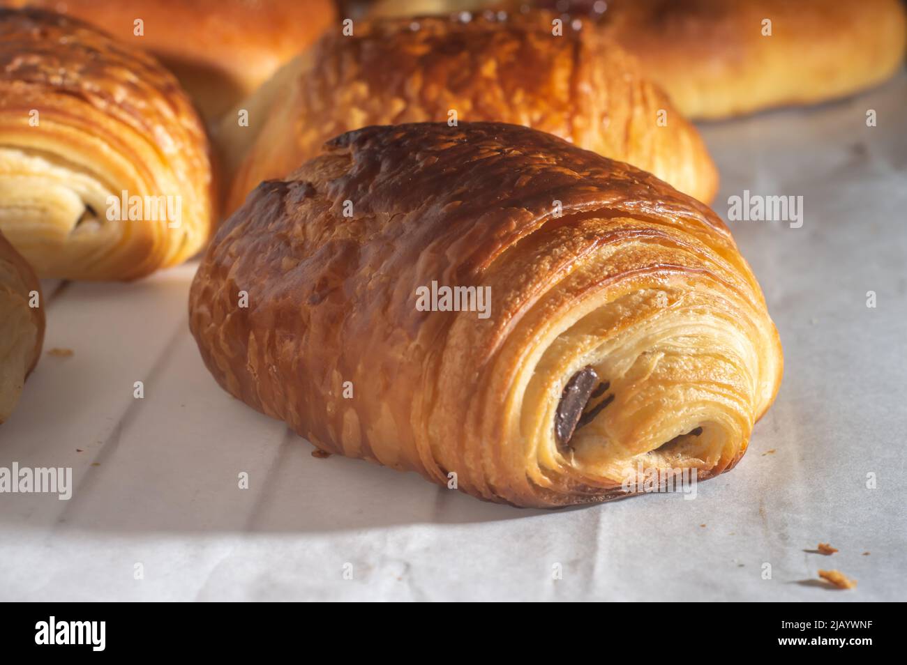 Un croissant au chocolat traditionnel français fraîchement préparé - petit pain au chocolat brillant aux rayons du soleil du matin. Banque D'Images