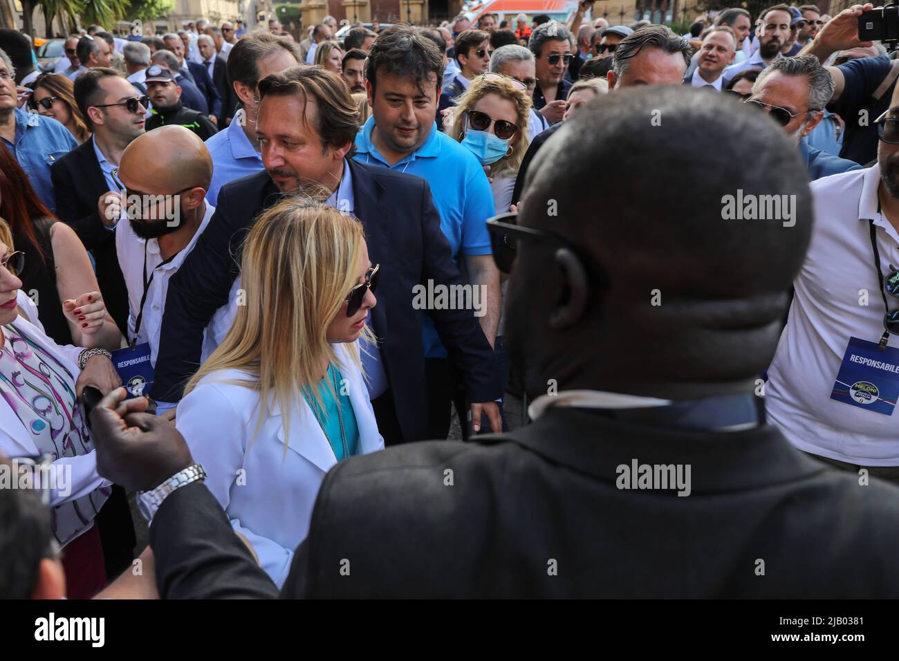 Palerme, Italie. 01st juin 2022. Le chef de Fratelli d'Italia Giorgia Meloni sur la Piazza Verdi à Palerme. (Photo par Antonio Melita/Pacific Press) crédit: Pacific Press Media production Corp./Alay Live News Banque D'Images