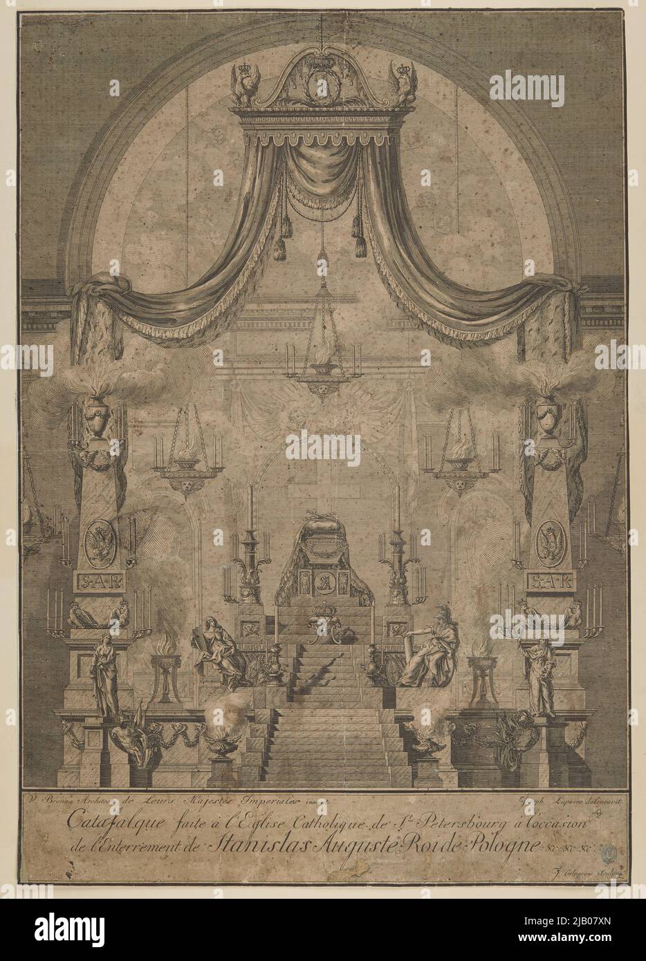 Catfalk Stanisław août exposé dans l'église catholique de Saint-Katarzyna à Saint-Pétersbourg le 5 mars 8, 1798 (Katafalk and Figure, Vincenzo Brenny et Joseph Lapeine projet (caricaturiste), gravé par Ivan Kolpakov) Kolpakov, Ivan Ivan Ivan (1771 1840), Lapeine, Joseph (1759 1807), Brenna, Vincenzo (1745 1820) Banque D'Images