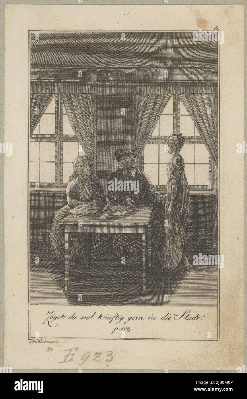 Conversation du pasteur Sembach avec sa fille au sujet de sa nomination pour le poste de surintendant dans la ville illustration n° 3 (de 8) à l'histoire l'appel à la ville (appel à la ville), publié [en:] W.C. Le livre de poche de Becker pour le plaisir sociable. 11th année 1801. Leipzig près de Roch et de Comp. Chodowiecki, Daniel Nikolaus (1726 1801) Banque D'Images