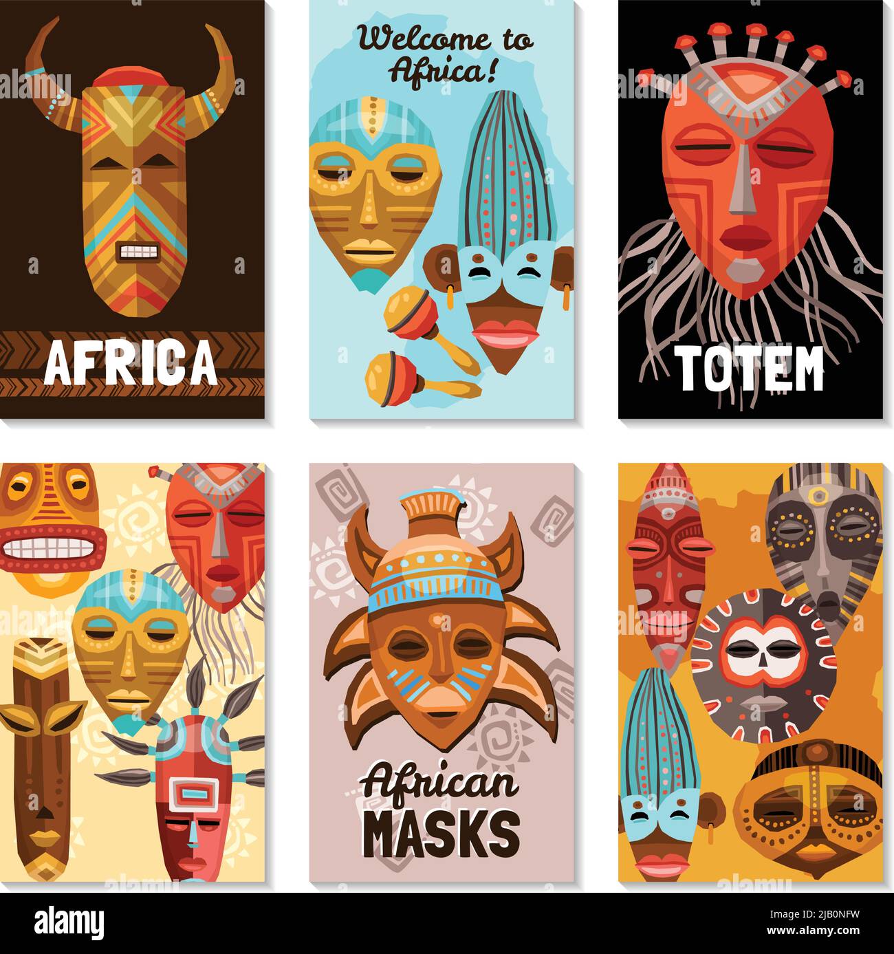 Six cartes plates colorées avec divers masques et totems tribaux ethniques africains isolés sur fond blanc illustration vectorielle Illustration de Vecteur